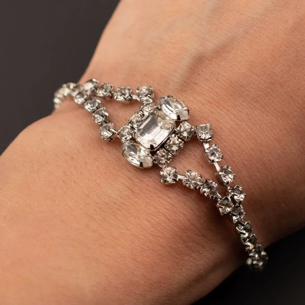 Fancy rhinestone tennis bracelet, dainty clear crystal cocktail party bracelet